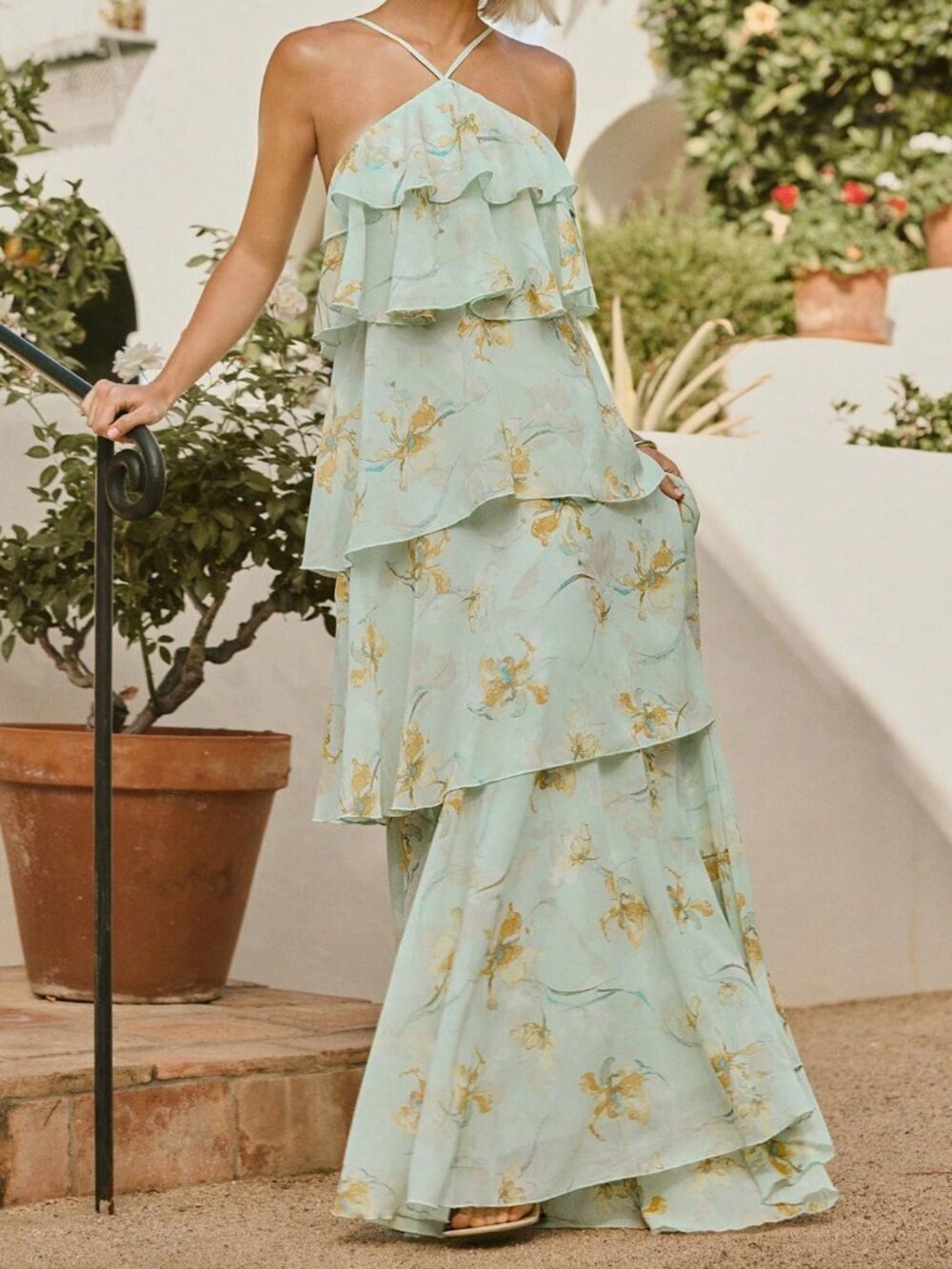 Green Boho Women's Halter Neck Ruffle Floral Chiffon Backless Dress - Picture 4 of 8